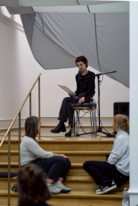 staircase, audience, performer, fabric on ceiling